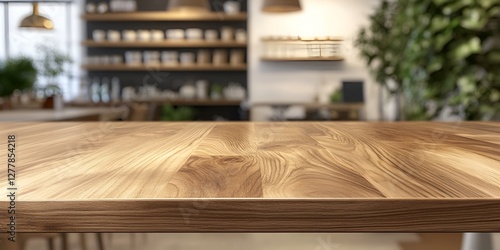 Empty wooden table top with a blurred background of a supermarket interior for product display montage, high-definition, photo-realistic, real-life, ultra-detailed. white background