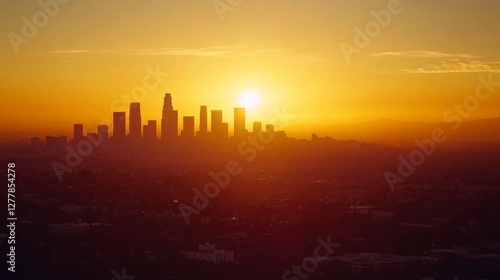 the skyline of los angeles during sunset