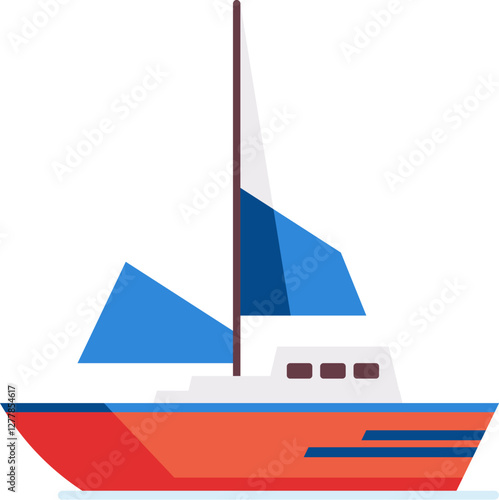 Red sailboat sailing on the sea with blue sails open, enjoying a sunny day on the water, perfect for summer vacations and water sports enthusiasts