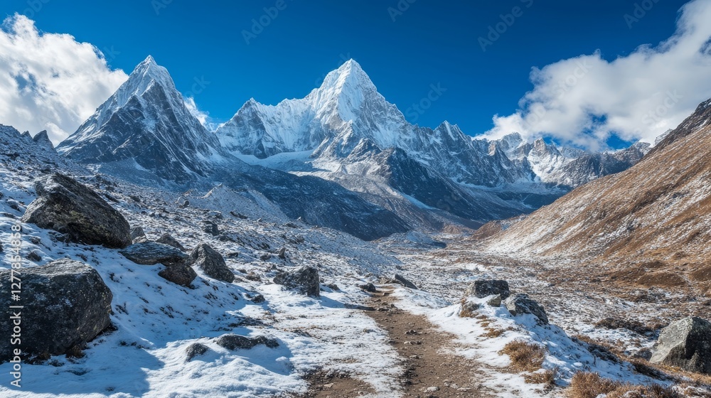 Fototapeta premium Majestic himalayan mountain range with snow-capped peaks under clear blue sky