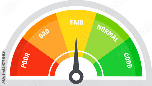 Customer satisfaction meter with needle pointing on fair rating position, from poor to good, including bad and normal levels, colored from red to green