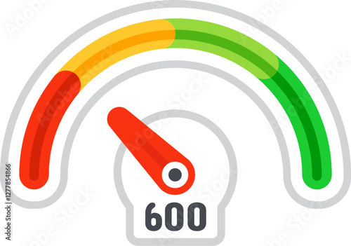 Speedometer pointing average performance with red needle and colorful scale from red to green and number 600, representing average performance or credit score