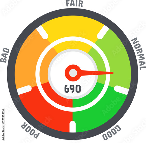 Credit score meter indicating a range between good and normal credit ratings, featuring a color scale from poor to bad to fair, complete with numerical values for clarity