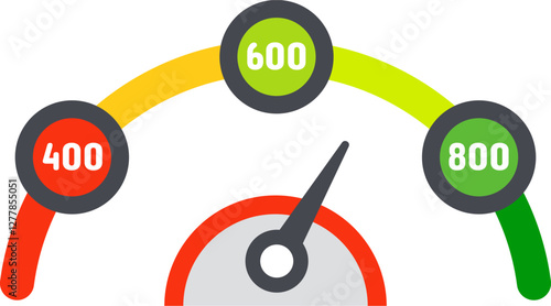 Credit score indicator pointing good rating with colorful segmented scale and numeric values from four hundred to eight hundred, financial and business concept