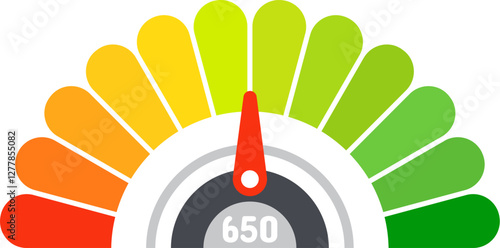 Colorful semicircle with segments ranging from red to green indicating credit score with needle pointing at 650 value representing fair rating