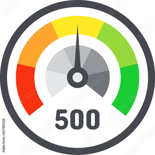 Colorful speedometer with gray needle pointing average score of five hundred, segmented in different colors from red to green, representing performance measurement and efficiency