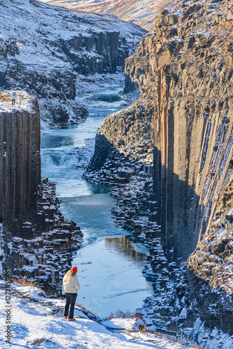 The basalt columns at Studlagil Canyon, at the east region of Iceland, winter time.