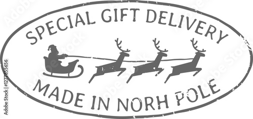 Oval gray stamp featuring a silhouette of Santa Claus joyfully riding a sleigh pulled by reindeer, adorned with the text special gift delivery and made in North Pole