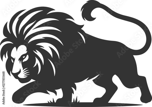 A lion stalking something with playful intent