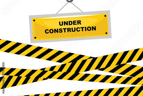 Illustration of a warning sign featuring a Under Construction shield and rolls of hazard tape, conveying a message of caution and ongoing activity