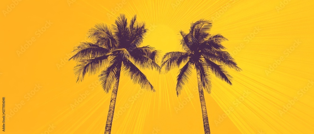 Fototapeta premium Two palm trees are standing next to each other in the sun