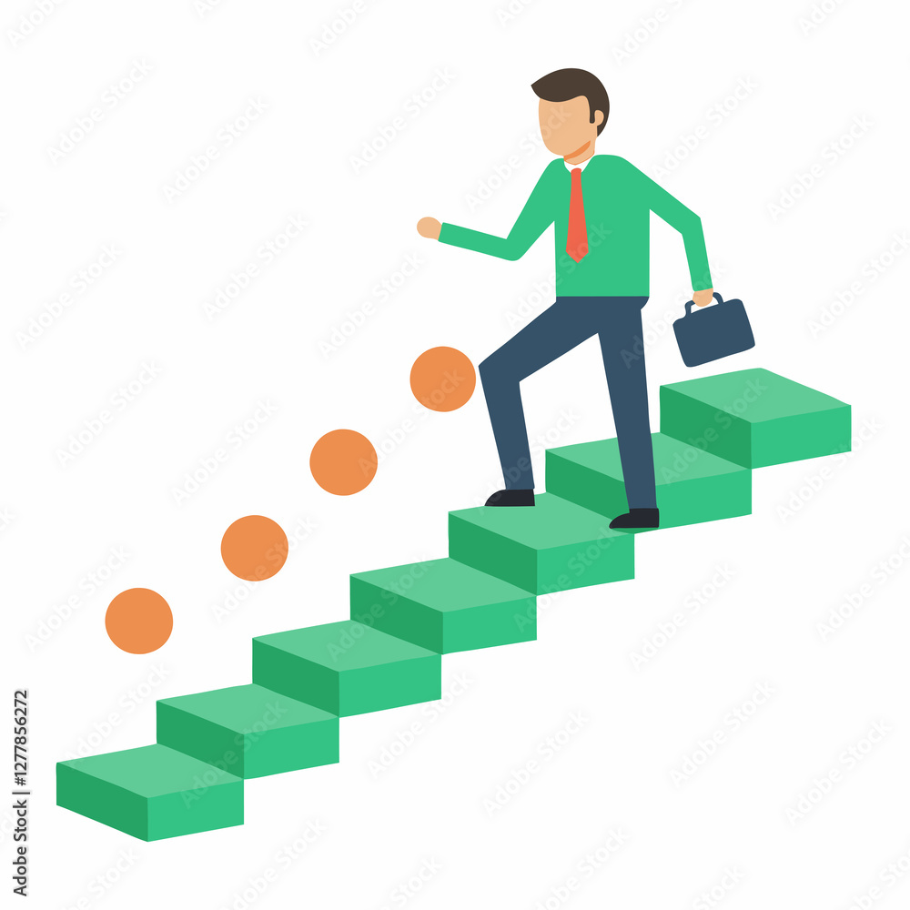 Businessman climbing money stairs flat vector illustration on white background Businessman climbing money stairs flat vector illustration on white background