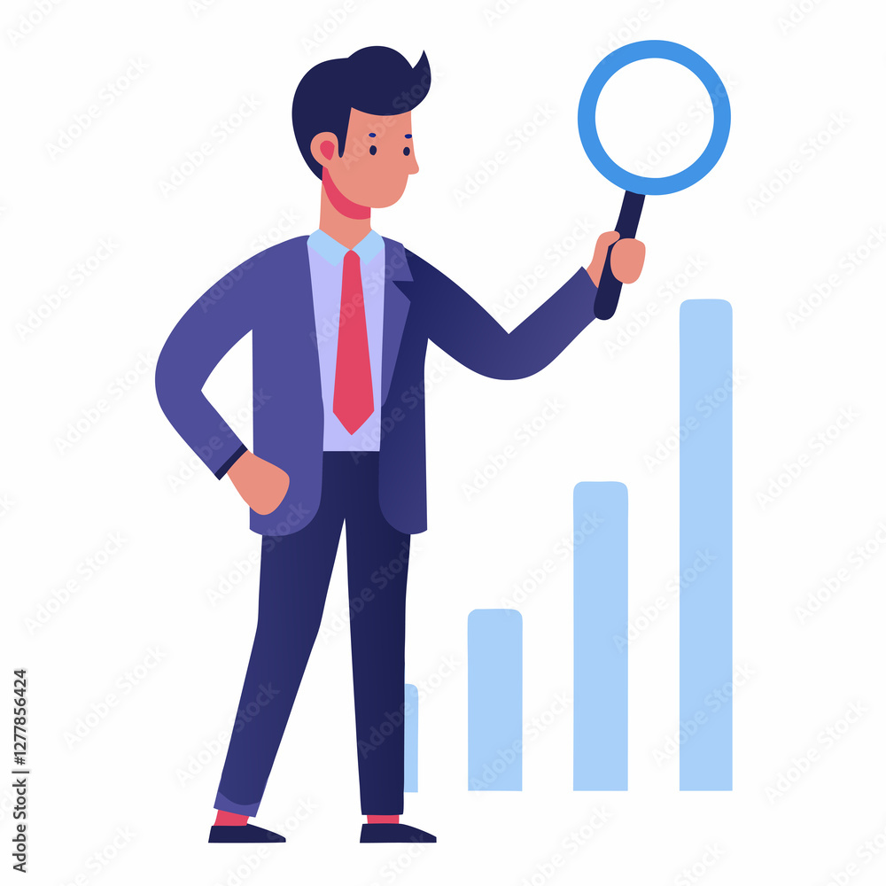 Businessman holding magnifier investment flat vector illustration on white background Businessman holding magnifier investment flat vector illustration on white background