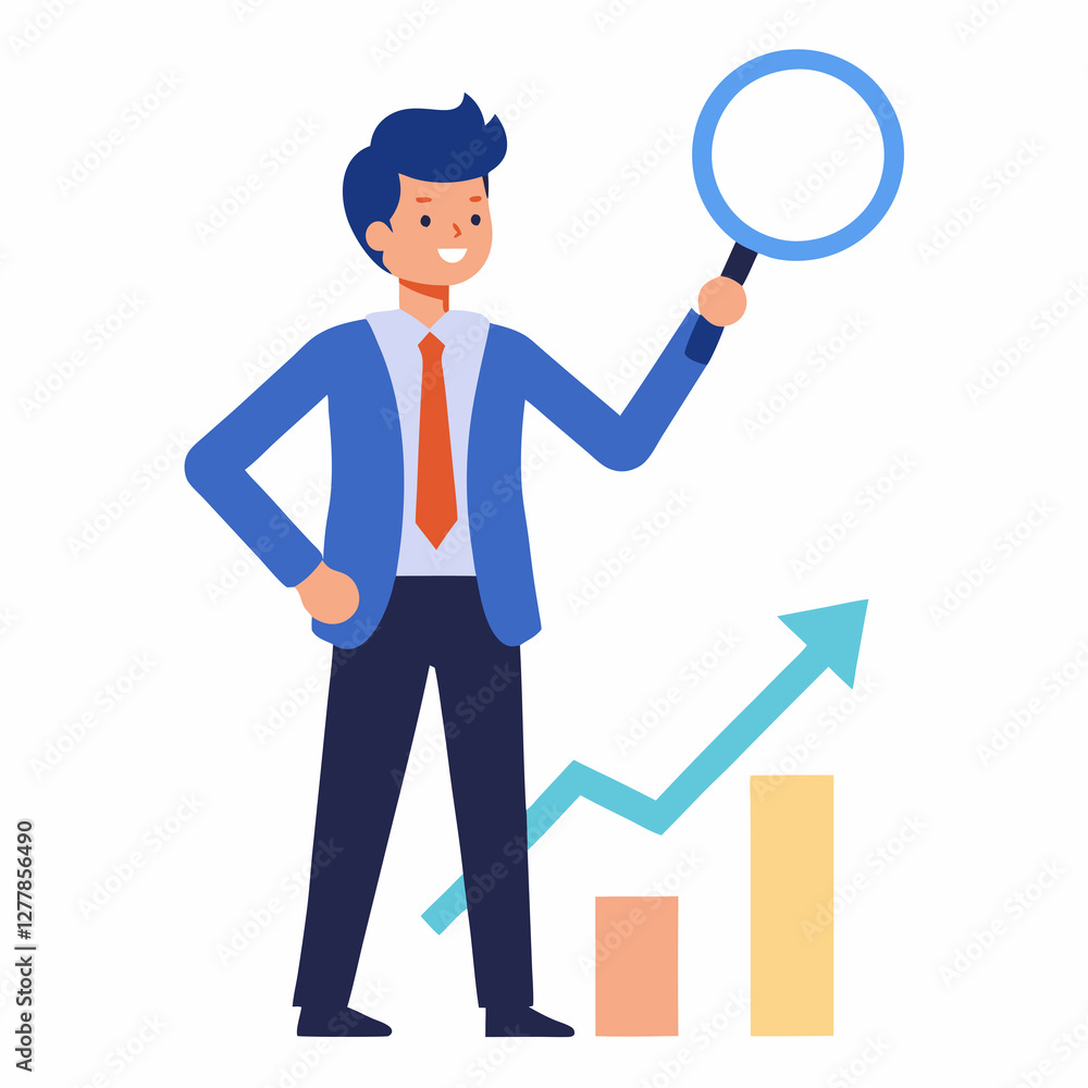 Businessman holding magnifier investment flat vector illustration on white background Businessman holding magnifier investment flat vector illustration on white background