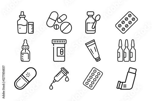 Collection of Healthcare Icons, Pharmaceuticals, and Medical Supplies