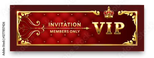 Luxurious vip invitation with golden frame and crown on red velvet background representing exclusivity, privilege and members only access to premium events