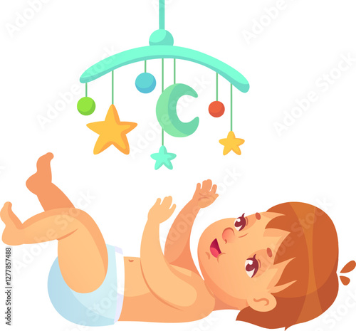 Adorable baby lying on its back, kicking legs and reaching for a colorful mobile with stars, moon and ball shapes, providing early childhood stimulation and entertainment