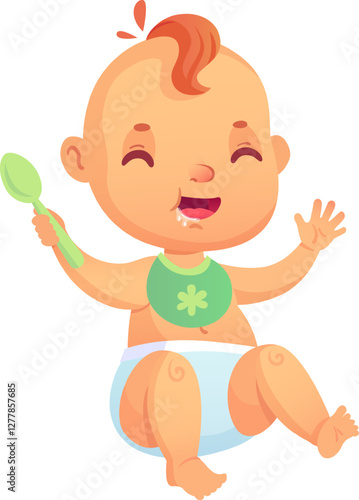 Cute little baby wearing a diaper and bib, happily holding a spoon, drooling while waving and smiling, sitting cheerfully against a clean white background