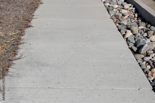 Looking down at sidewalk with vegetation on one edge and rocks on the other.  