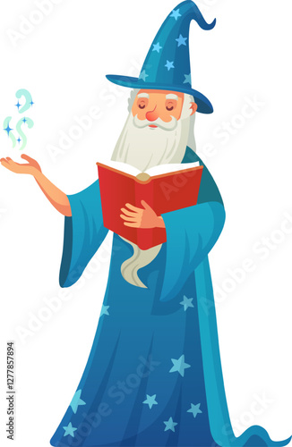 Old wizard with long white beard, and blue wizard hat and robe casting a magic spell with his hand while reading a spell from a red magic book..