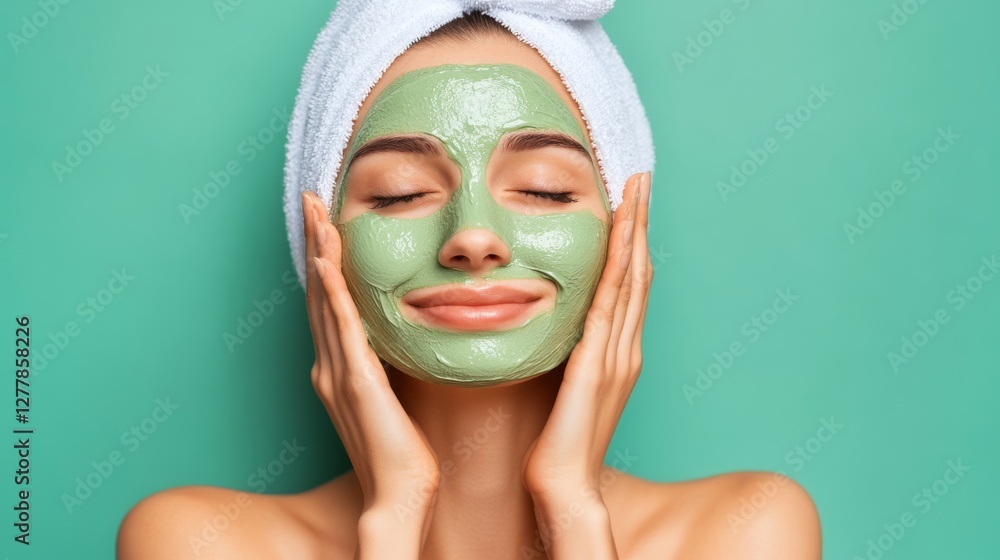 A woman is applying a green face mask A woman is applying a green face mask