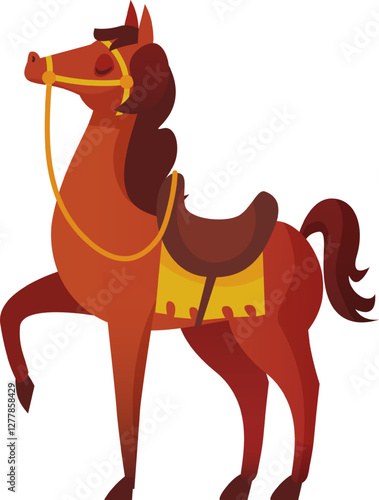 Cartoon illustration of a brown horse with a saddle and bridle standing on a white background, ready for riding, conveying a sense of pride and elegance