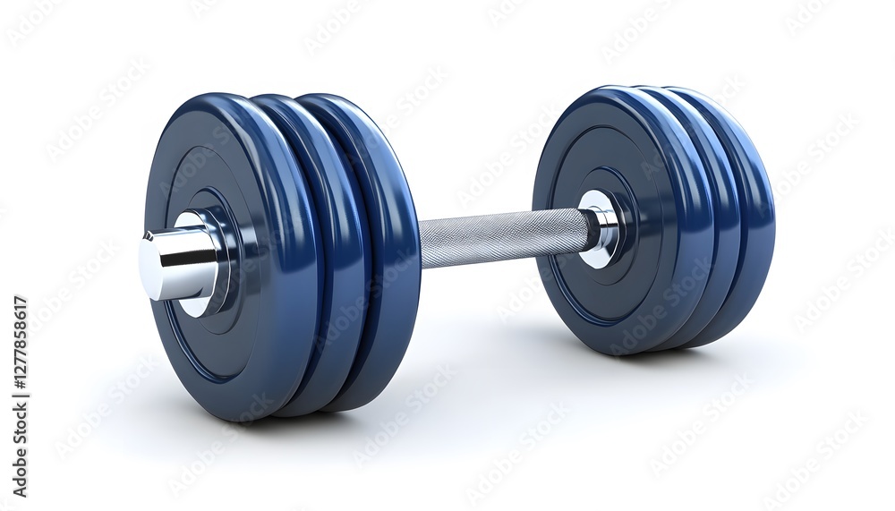 Naklejka premium A blue dumbbell with silver handle rests on white