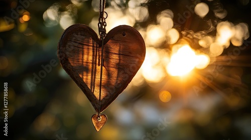 A handmade wind chime crafted from upcycled metal and wood in a heart shape