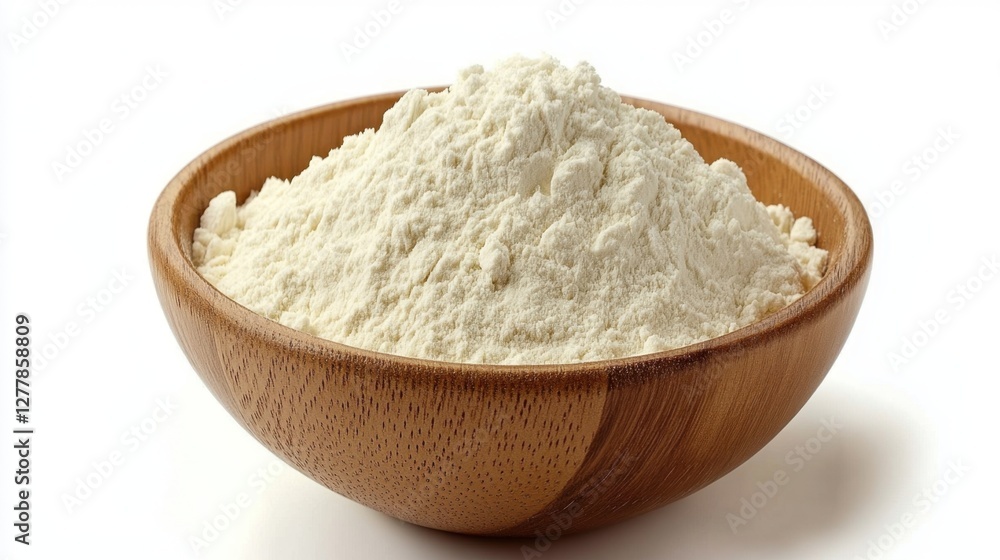 Heap of Fine White Flour in Rustic Wooden Bowl on Clean White Background Culinary Ingredient Still Life Heap of Fine White Flour in Rustic Wooden Bowl on Clean White Background Culinary Ingredient Still Life