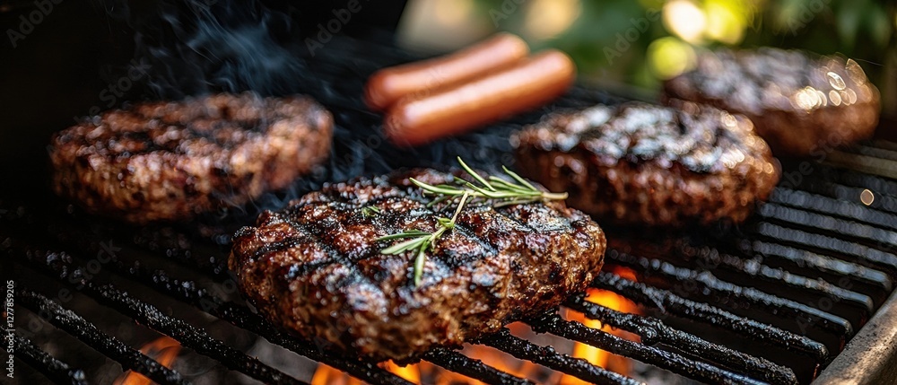 Grilling burgers and sausages on a summer barbecue Grilling burgers and sausages on a summer barbecue