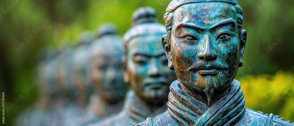 Ancient warriors' statues in a lush garden setting Ancient warriors' statues in a lush garden setting