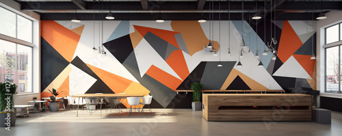 Creative workspace featuring vibrant mural design in modern office setting