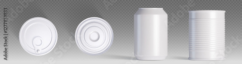 Tin can mockup top and side view set isolated on transparent background. Vector realistic illustration of white 3d metal package for food, soda beverages, blank stainless steel container, storage pack