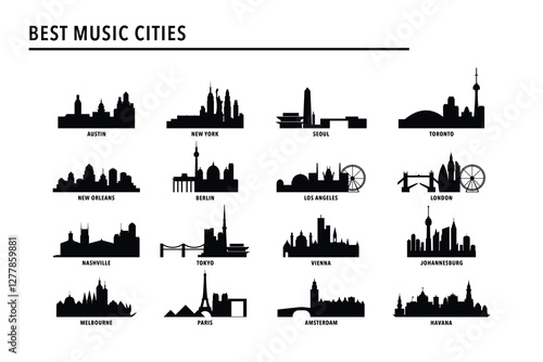 Best music cities index - logo, icon pack with skylines of Nashville, Austin, New York, New Orleans, Toronto, Seoul, Berlin, Vienna, London, Los Angeles, Tokyo, Paris. Vector bundle