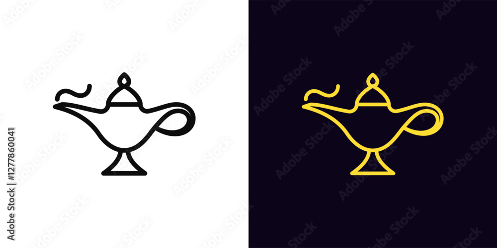 Outline magic lamp icon, with editable stroke. Magic genie lamp for wishes, arabian treasure. Eastern tale, genie treasure, golden oil lamp, arabic luxury, magical miracle, make wish. Vector icon Outline magic lamp icon, with editable stroke. Magic genie lamp for wishes, arabian treasure. Eastern tale, genie treasure, golden oil lamp, arabic luxury, magical miracle, make wish. Vector icon
