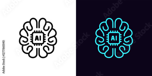 Outline AI brain icon, with editable stroke. Human brain with integrated AI chip, artificial intelligence algorithms. Artificial mind, machine learning, data analysis system, digital education. Vector