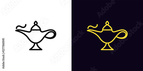 Outline magic lamp icon, with editable stroke. Magic genie lamp for wishes, arabian treasure. Eastern tale, genie treasure, golden oil lamp, arabic luxury, magical miracle, make wish. Vector icon