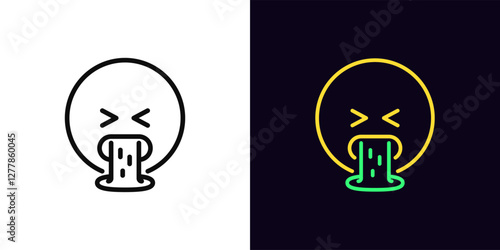 Outline vomiting emoji icon, with editable stroke. Spew emoji, disgust feeling. Emoticon vomit, mouth with puke, dislike reaction, sick emoji, barf face, nausea emoticon, belch expression. Vector icon