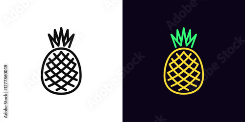 Outline pineapple icon, with editable stroke. Pineapple fruit with leaf, outline silhouette. Ripe tropical fruit, pineapple garden, organic food, fruit diet, summer vitamins, health food. Vector icon