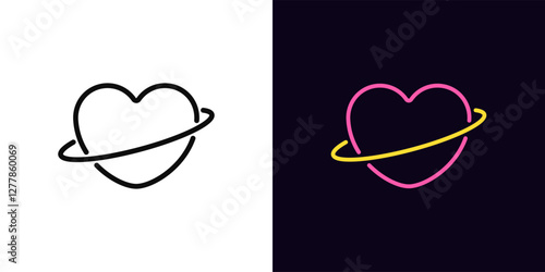 Outline planet love icon, with editable stroke. Planet with heart shape, love world, space heart universe. Amour planet, passion world, cosmic heart, romantic love universe, valentine day. Vector icon