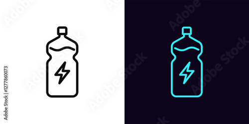 Outline energy drink icon, with editable stroke. Water bottle with lightning icon, electrolytes drink. Hydration, liquid sport supplement, isotonic, health energy and electrolyte balance. Vector icon