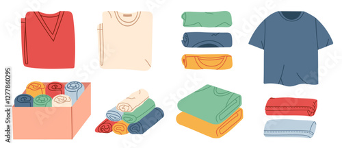 Rolled-Up and Folded T-Shirts set. Casual clothes for upper body. Modern  apparels set. Flat graphic vector illustrations isolated on white background.
