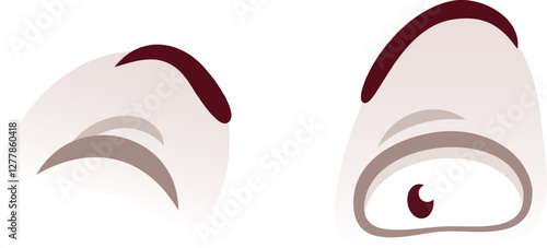 Stylized vector illustration of two cartoon eyes, one looking sideways and the other looking down, expressing suspicion, distrust, and skepticism, isolated on a white background