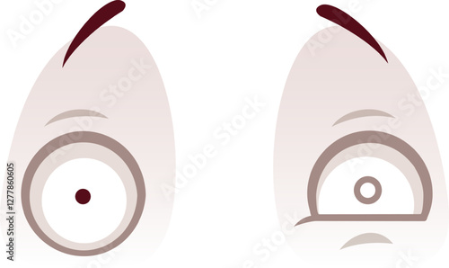 Two egg shaped cartoon eyes are presented on a white background, one with a focused pupil and raised eyebrow, the other with a suspicious or worried expression and slightly squinted