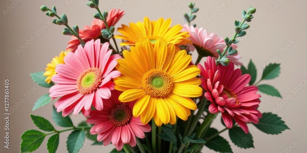 A vibrant bouquet of cheerful gerbera daisies in shades of pink and yellow, arranged with lush green foliage, creates a stunning floral display. A vibrant bouquet of cheerful gerbera daisies in shades of pink and yellow, arranged with lush green foliage, creates a stunning floral display.