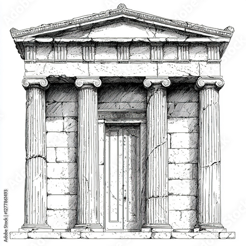Dibujo de un antiguo edificio griego con columnas