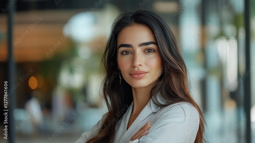 smiling, Latino Indian, successful, confident, Arab businesswoman, worker, female boss, female leader, girl, businesswoman posing with crossed arms, looking at camera in corporate office smiling, Latino Indian, successful, confident, Arab businesswoman, worker, female boss, female leader, girl, businesswoman posing with crossed arms, looking at camera in corporate office