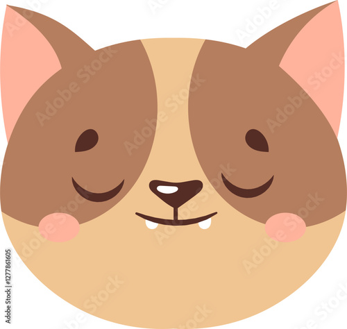 Adorable cartoon cat face with closed eyes and a gentle smile, featuring brown patches and pink cheeks. The simplistic design conveys a sense of calm and contentment