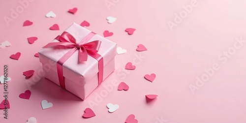 Pink gift box with pink ribbon and scattered hearts on a pink background