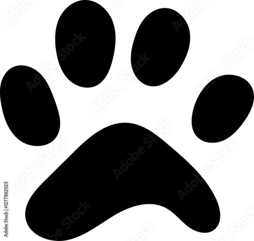 Black paw print featuring four toes and a pad, isolated on a white background, symbolizing the essence of animals, pets, dogs, and cats in a simple, clean design